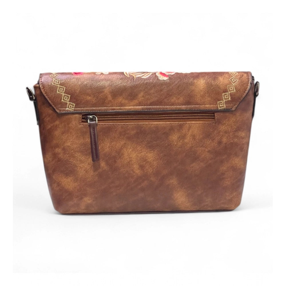 Women's Polyurethane Floral Embroidered Crossbody Sling Bag with Adjustable &amp; Removable Strap (Brown)