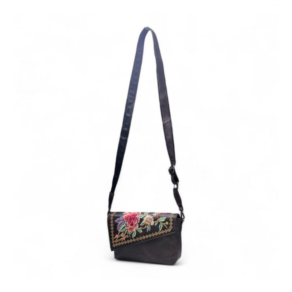 Women's Polyurethane Floral Embroidered Crossbody Sling Bag with Adjustable &amp; Removable Strap (Coffee)