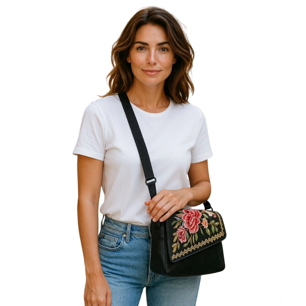 Women's Polyurethane Floral Embroidered Crossbody Sling Bag with Adjustable &amp; Removable Strap (Coffee)