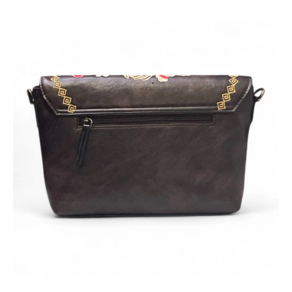 Women's Polyurethane Floral Embroidered Crossbody Sling Bag with Adjustable &amp; Removable Strap (Coffee)