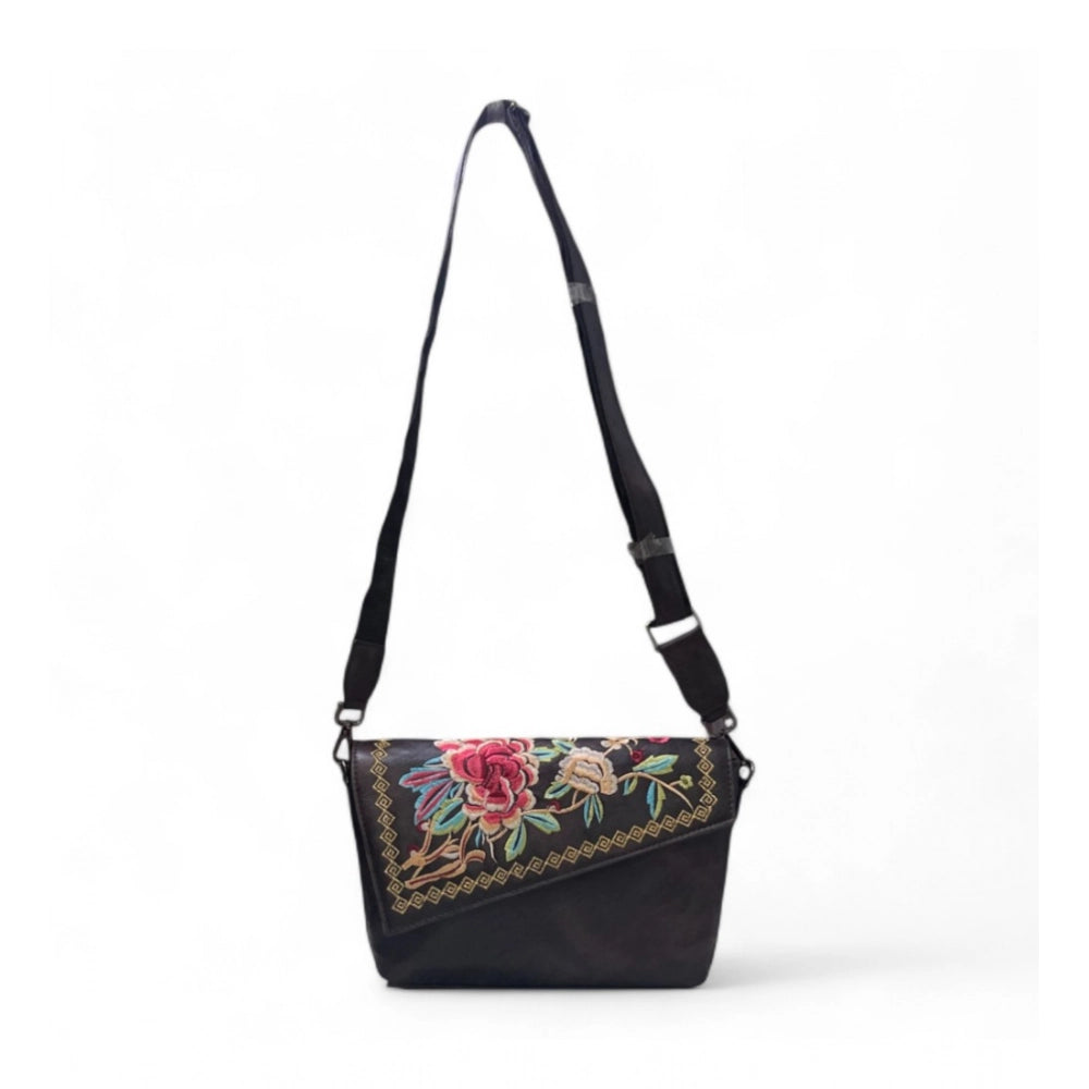 Women's Polyurethane Floral Embroidered Crossbody Sling Bag with Adjustable &amp; Removable Strap (Coffee)