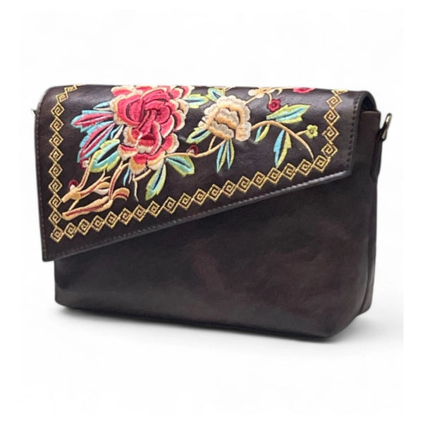 Women's Polyurethane Floral Embroidered Crossbody Sling Bag with Adjustable &amp; Removable Strap (Coffee)