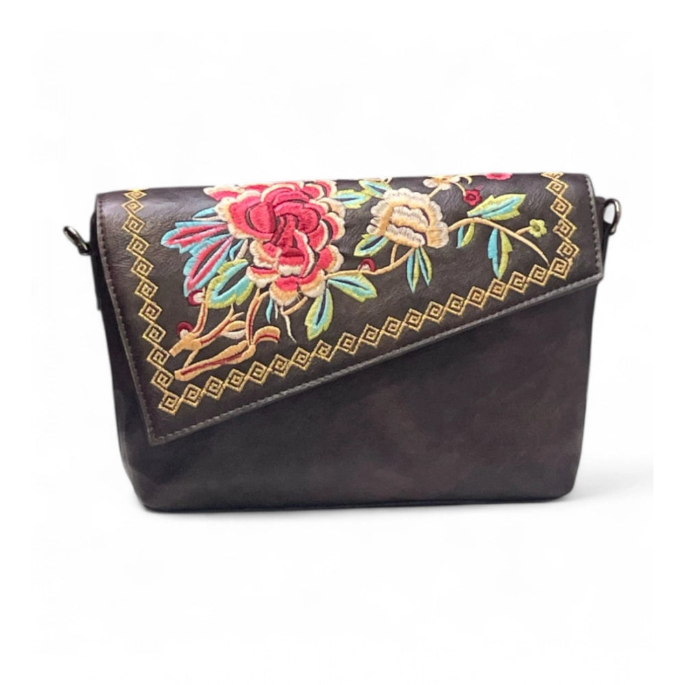 Women's Polyurethane Floral Embroidered Crossbody Sling Bag with Adjustable &amp; Removable Strap (Coffee)