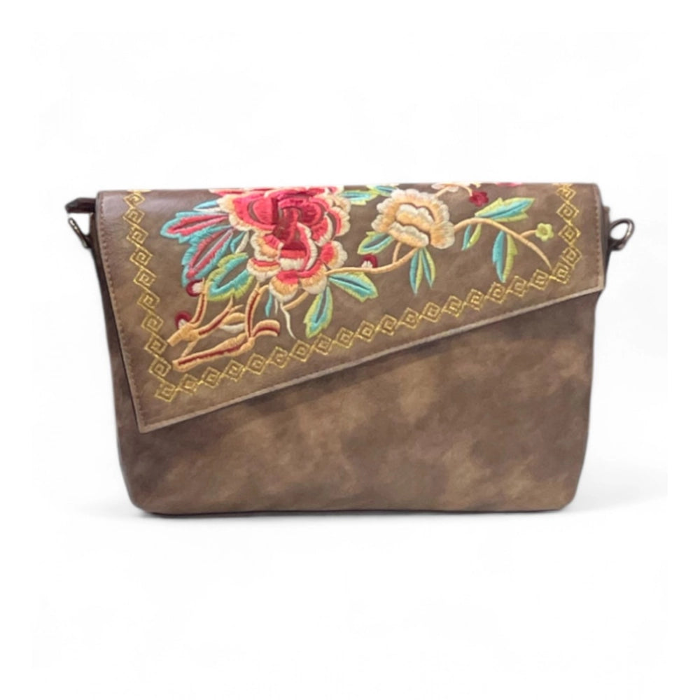 Women's Polyurethane Floral Embroidered Crossbody Sling Bag with Adjustable &amp; Removable Strap (Dark Brown)