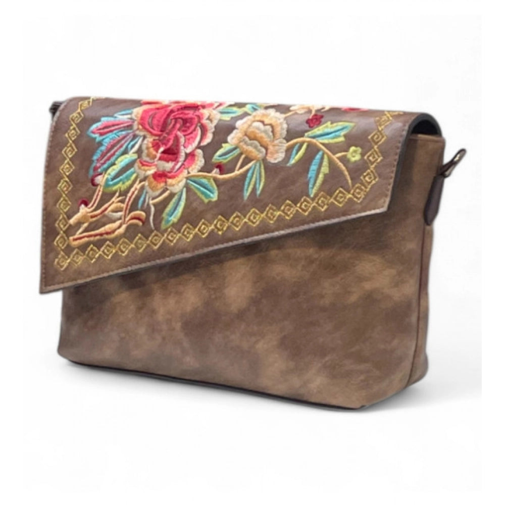 Women's Polyurethane Floral Embroidered Crossbody Sling Bag with Adjustable &amp; Removable Strap (Dark Brown)