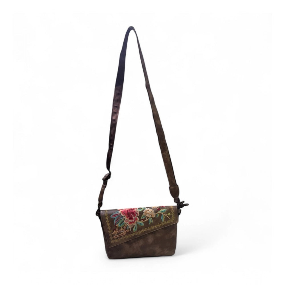 Women's Polyurethane Floral Embroidered Crossbody Sling Bag with Adjustable &amp; Removable Strap (Dark Brown)