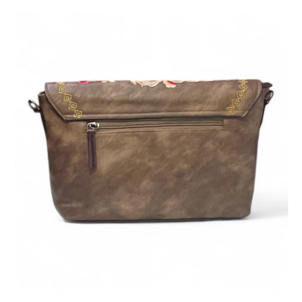 Women's Polyurethane Floral Embroidered Crossbody Sling Bag with Adjustable &amp; Removable Strap (Dark Brown)