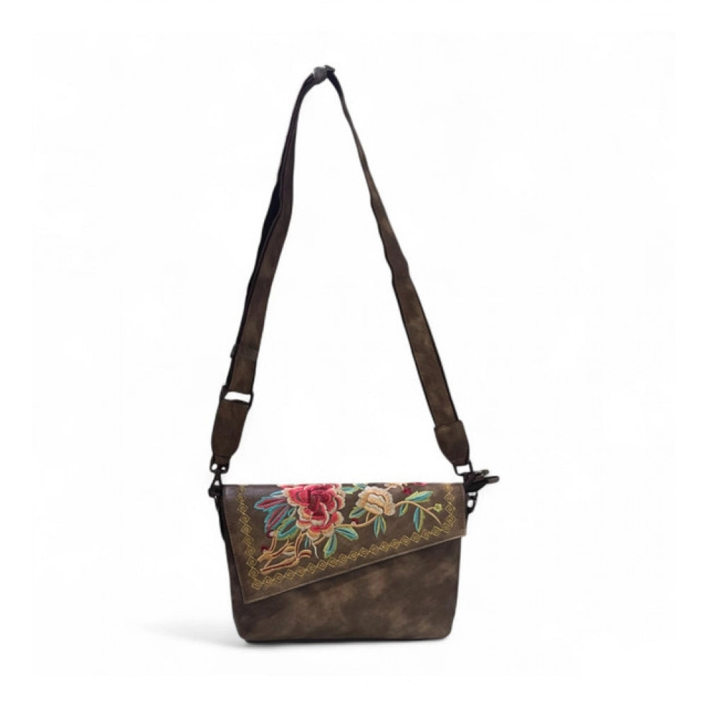 Women's Polyurethane Floral Embroidered Crossbody Sling Bag with Adjustable &amp; Removable Strap (Dark Brown)