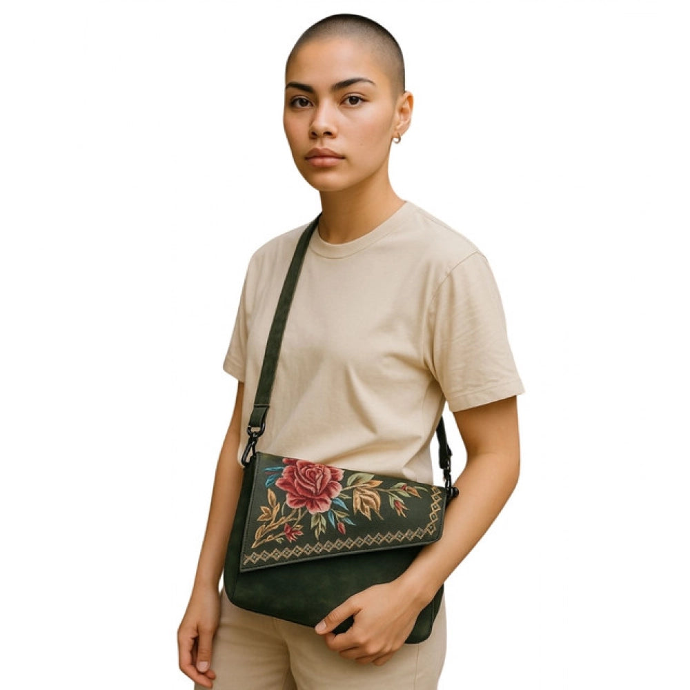 Women's Polyurethane Floral Embroidered Crossbody Sling Bag with Adjustable &amp; Removable Strap (Green)