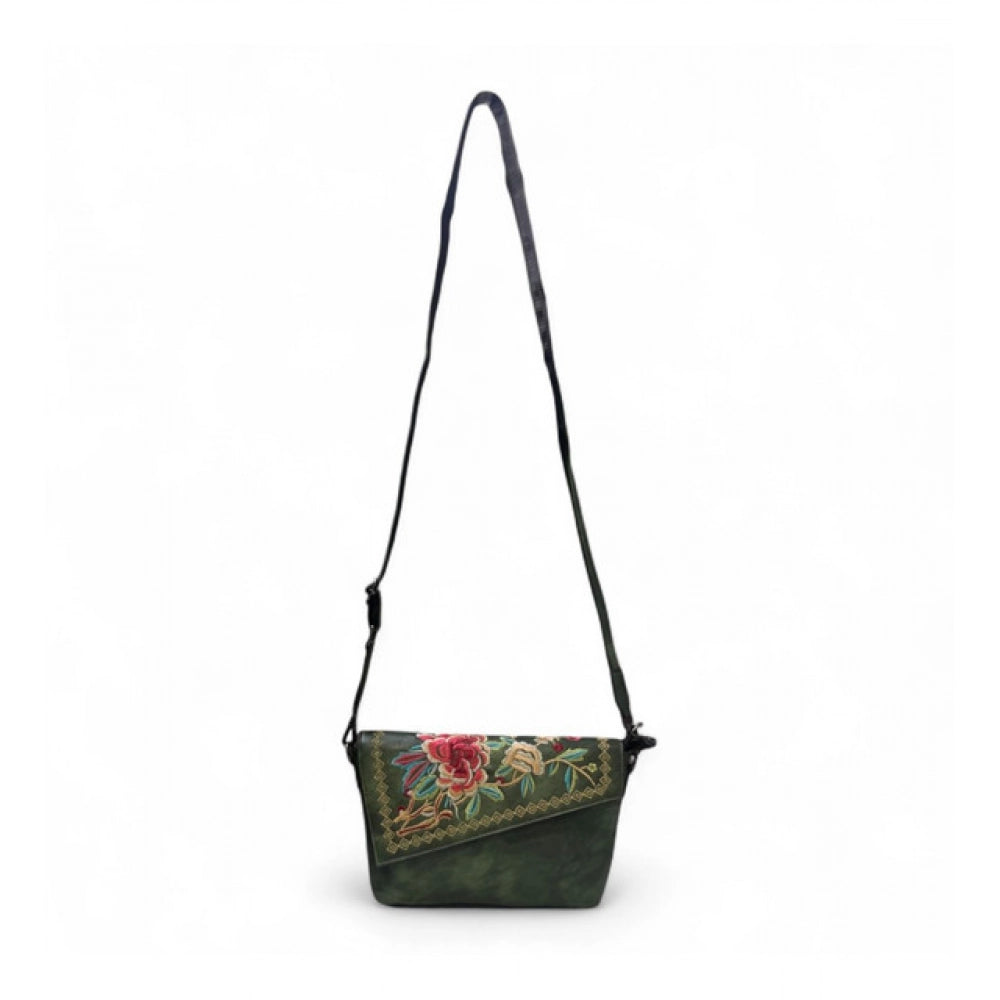 Women's Polyurethane Floral Embroidered Crossbody Sling Bag with Adjustable &amp; Removable Strap (Green)