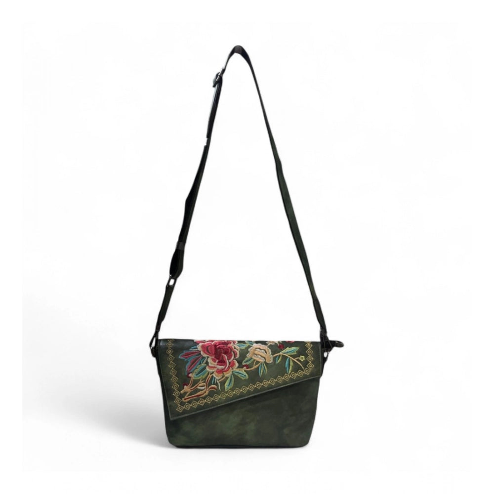 Women's Polyurethane Floral Embroidered Crossbody Sling Bag with Adjustable &amp; Removable Strap (Green)