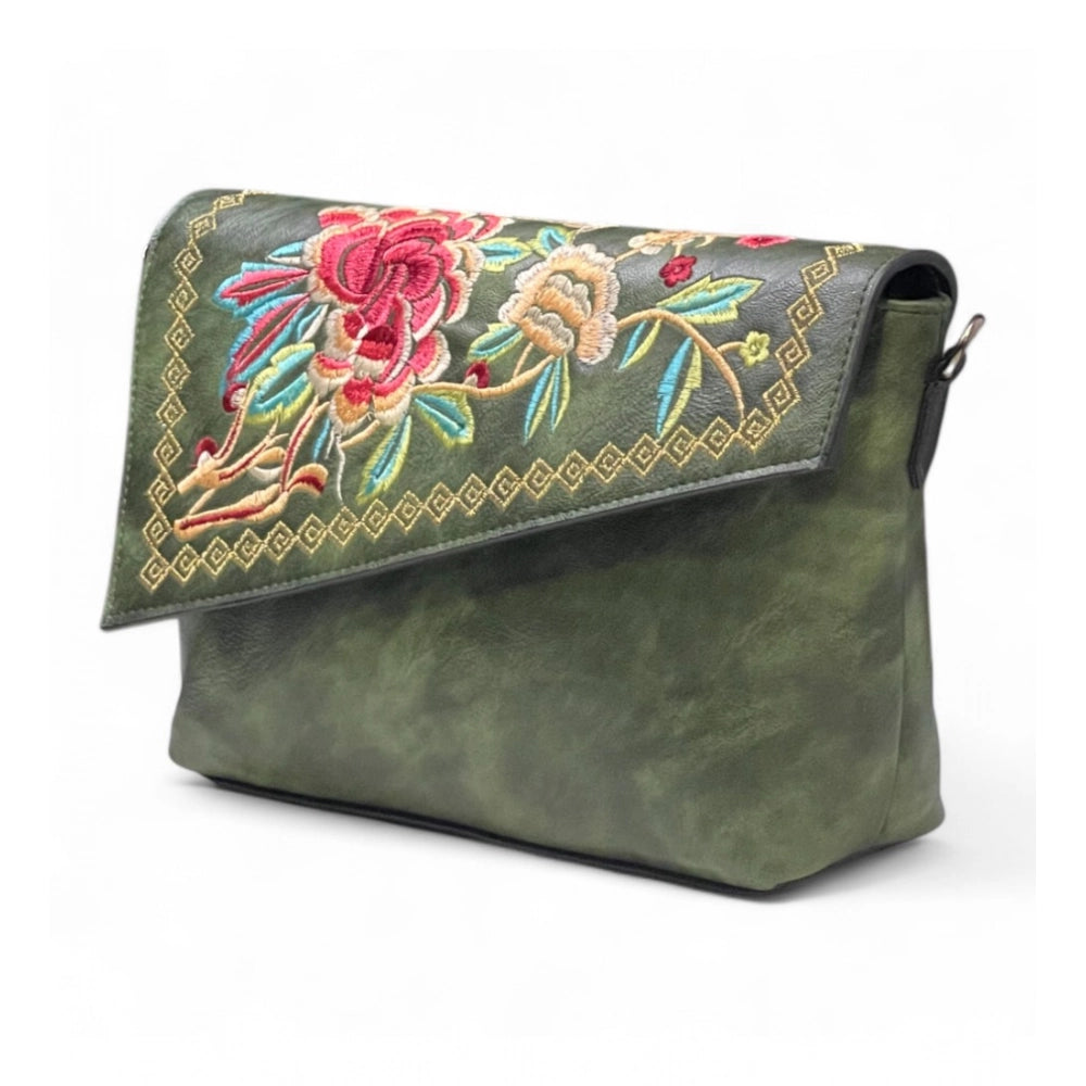 Women's Polyurethane Floral Embroidered Crossbody Sling Bag with Adjustable &amp; Removable Strap (Green)