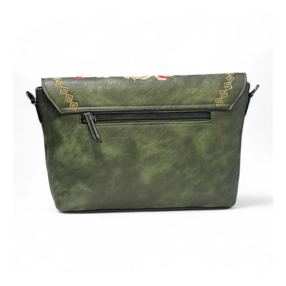 Women's Polyurethane Floral Embroidered Crossbody Sling Bag with Adjustable &amp; Removable Strap (Green)
