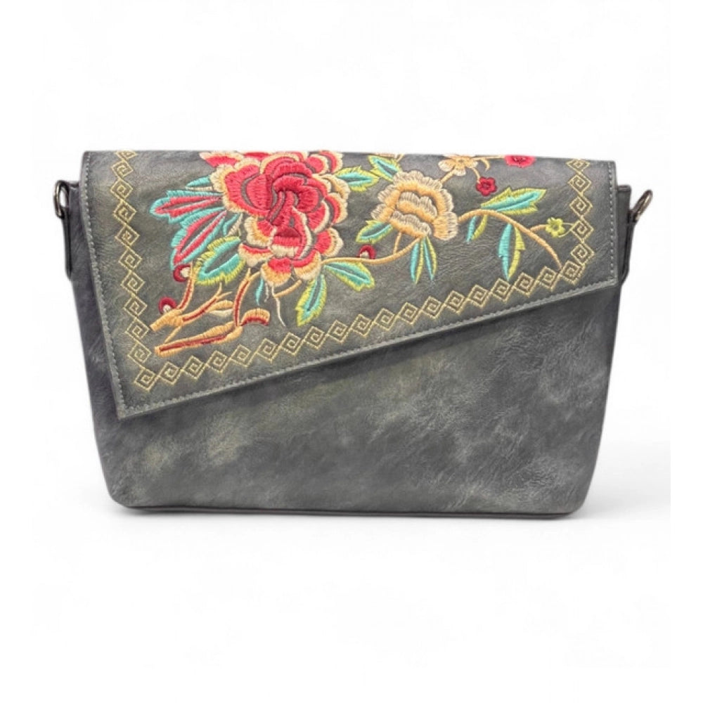 Women's Polyurethane Floral Embroidered Crossbody Sling Bag with Adjustable &amp; Removable Strap (Grey)