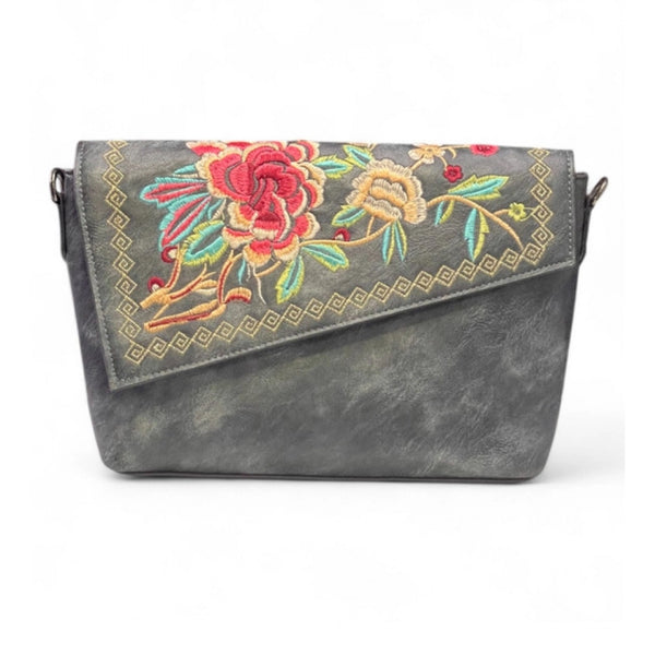 Women's Polyurethane Floral Embroidered Crossbody Sling Bag with Adjustable &amp; Removable Strap (Grey)