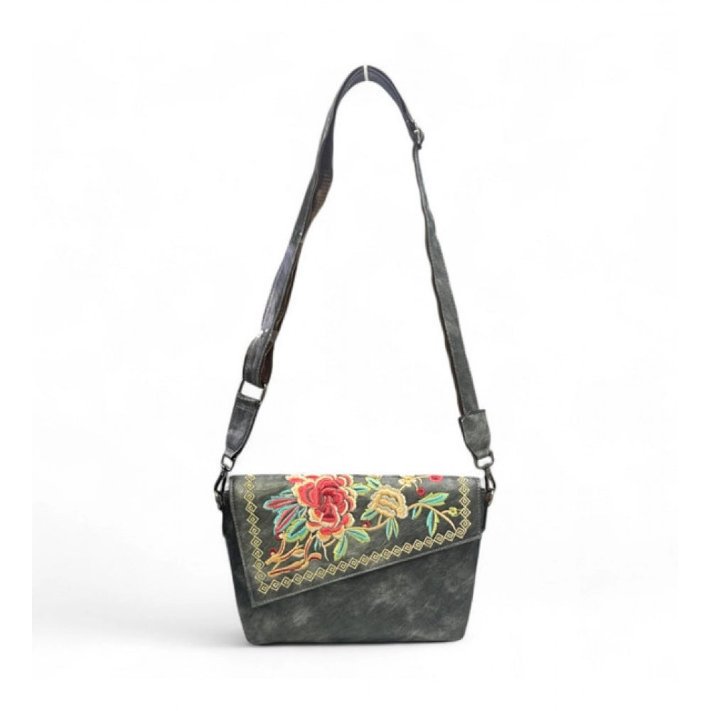 Women's Polyurethane Floral Embroidered Crossbody Sling Bag with Adjustable &amp; Removable Strap (Grey)