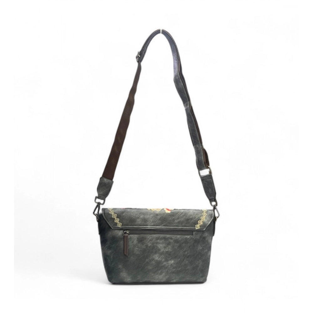 Women's Polyurethane Floral Embroidered Crossbody Sling Bag with Adjustable &amp; Removable Strap (Grey)