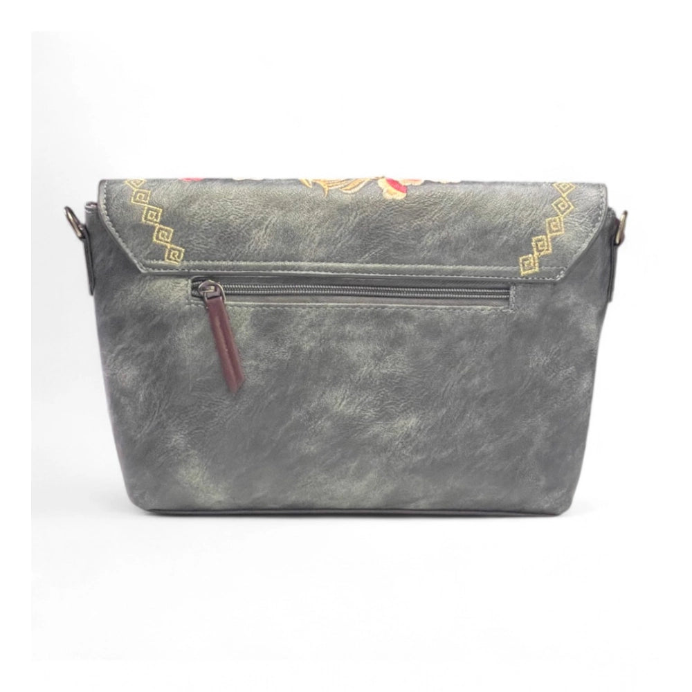 Women's Polyurethane Floral Embroidered Crossbody Sling Bag with Adjustable &amp; Removable Strap (Grey)