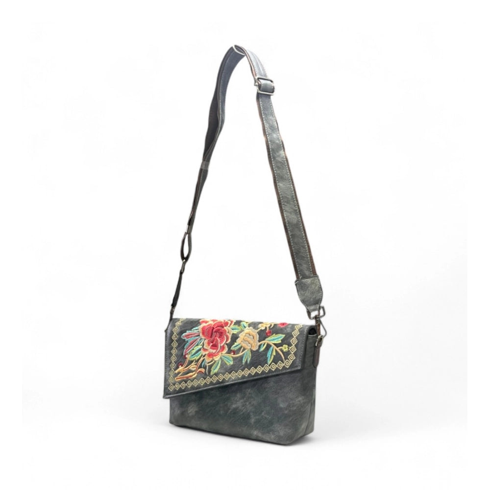 Women's Polyurethane Floral Embroidered Crossbody Sling Bag with Adjustable &amp; Removable Strap (Grey)