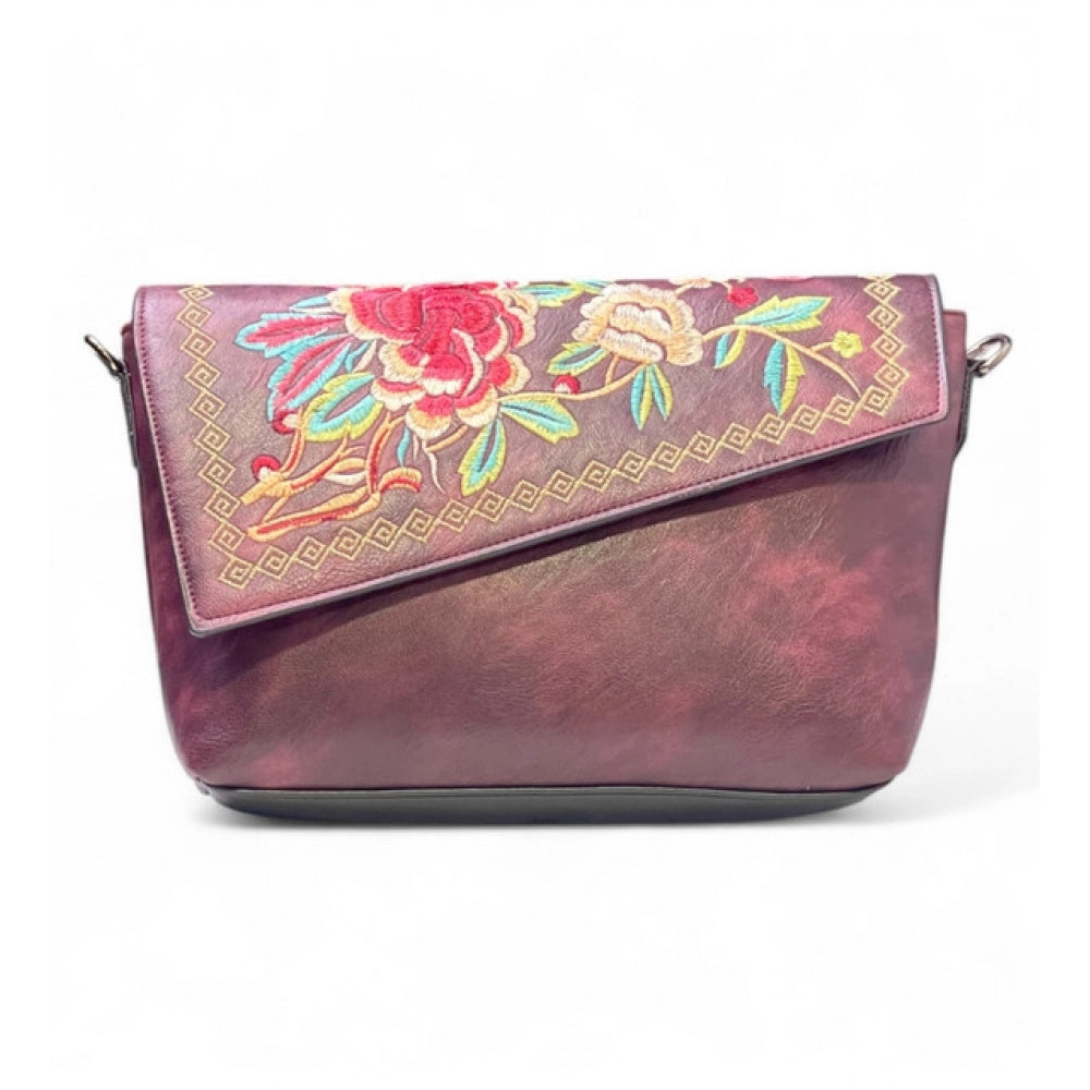 Women's Polyurethane Floral Embroidered Crossbody Sling Bag with Adjustable &amp; Removable Strap (Red)