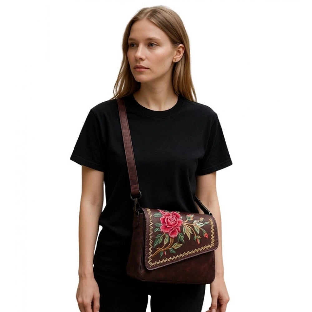 Women's Polyurethane Floral Embroidered Crossbody Sling Bag with Adjustable &amp; Removable Strap (Red)