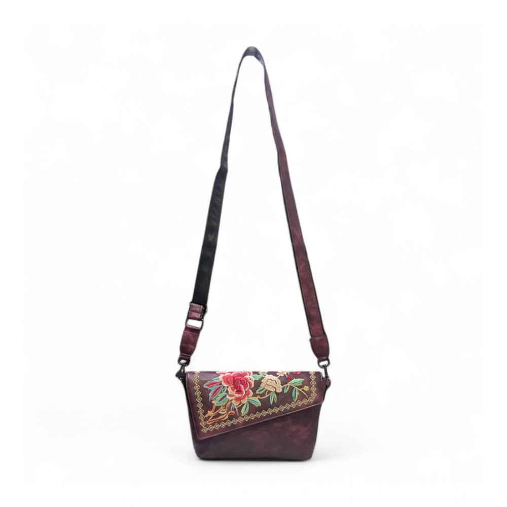 Women's Polyurethane Floral Embroidered Crossbody Sling Bag with Adjustable &amp; Removable Strap (Red)