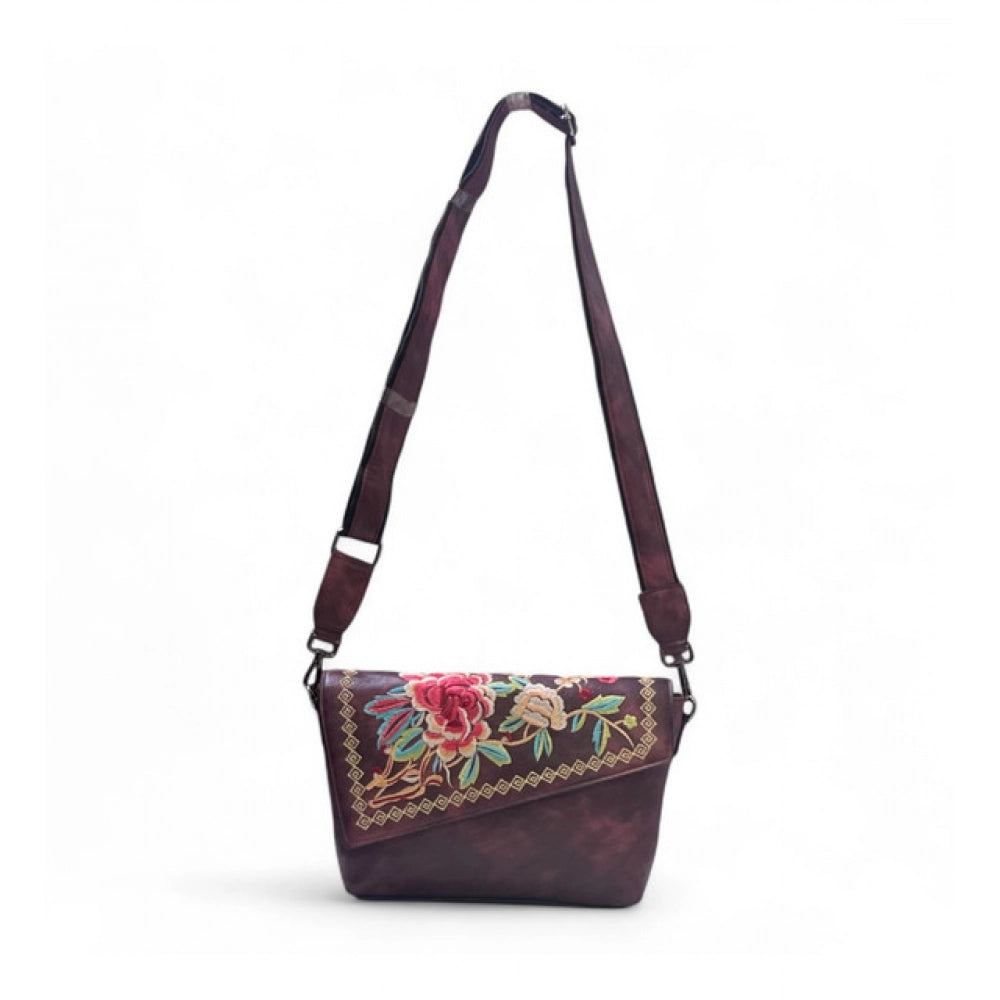 Women's Polyurethane Floral Embroidered Crossbody Sling Bag with Adjustable &amp; Removable Strap (Red)