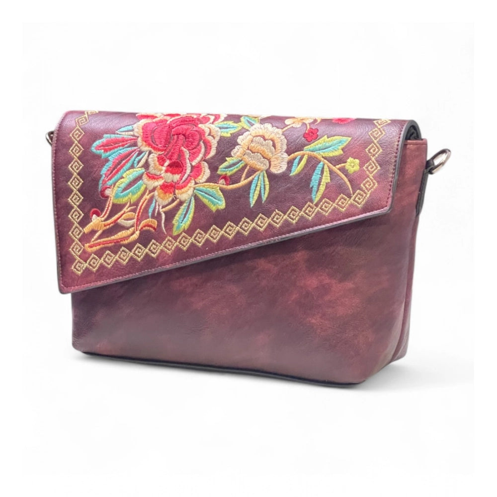 Women's Polyurethane Floral Embroidered Crossbody Sling Bag with Adjustable &amp; Removable Strap (Red)
