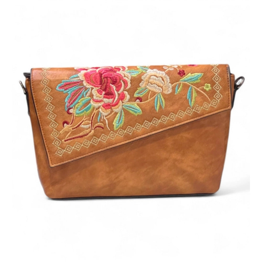 Women's Polyurethane Floral Embroidered Crossbody Sling Bag with Adjustable &amp; Removable Strap (Tan)