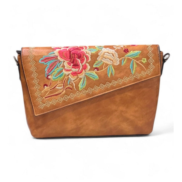 Women's Polyurethane Floral Embroidered Crossbody Sling Bag with Adjustable &amp; Removable Strap (Tan)