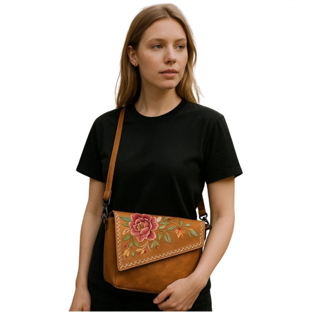 Women's Polyurethane Floral Embroidered Crossbody Sling Bag with Adjustable &amp; Removable Strap (Tan)
