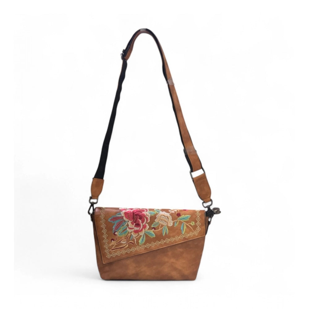 Women's Polyurethane Floral Embroidered Crossbody Sling Bag with Adjustable &amp; Removable Strap (Tan)