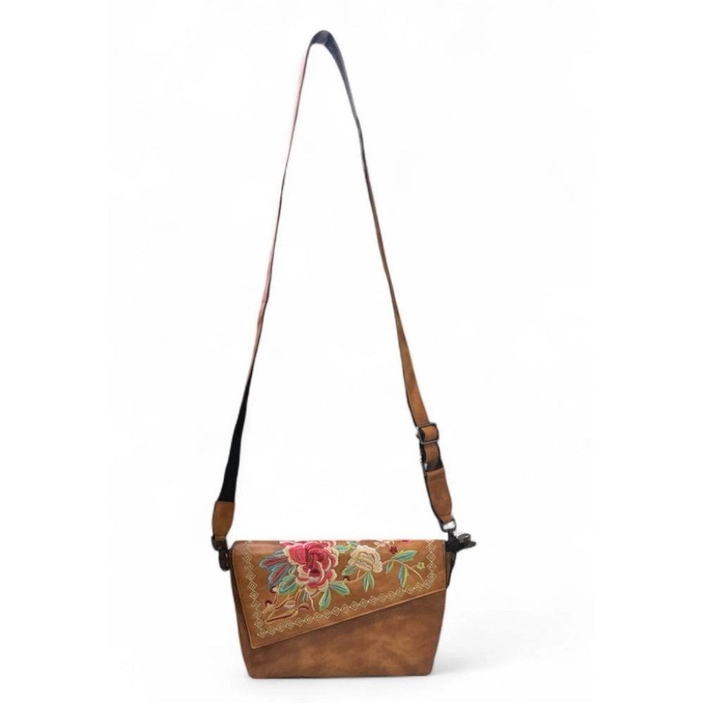 Women's Polyurethane Floral Embroidered Crossbody Sling Bag with Adjustable &amp; Removable Strap (Tan)