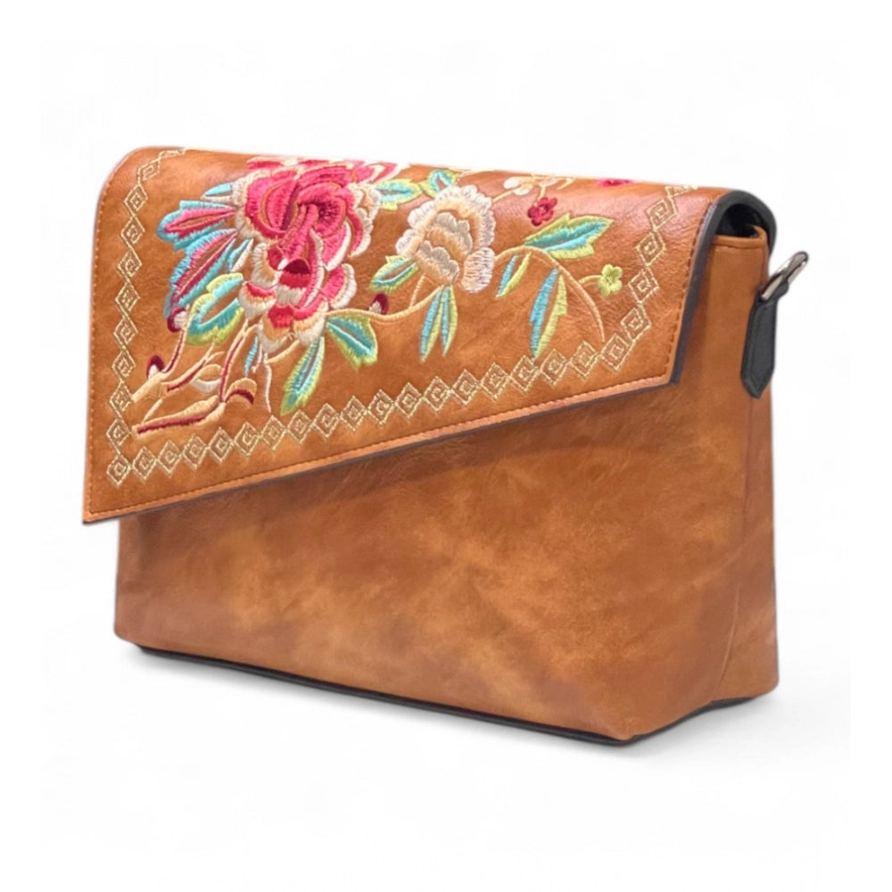 Women's Polyurethane Floral Embroidered Crossbody Sling Bag with Adjustable &amp; Removable Strap (Tan)