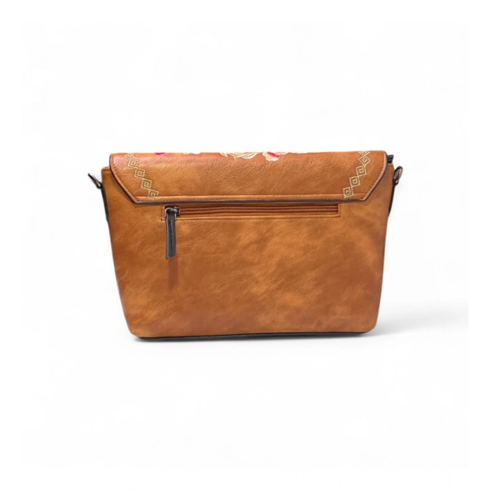 Women's Polyurethane Floral Embroidered Crossbody Sling Bag with Adjustable &amp; Removable Strap (Tan)