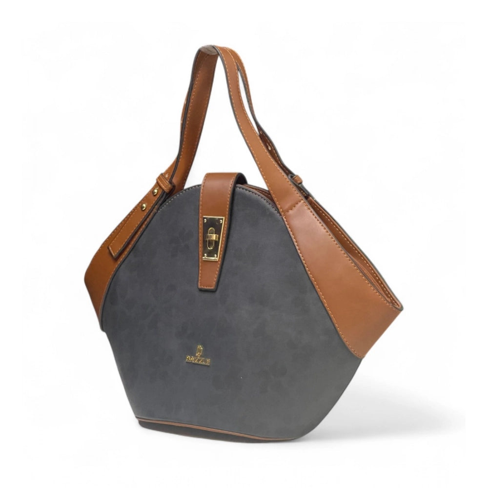 Women's Polyurethane Floral Printed Hexagonal Satchel Handbag with Adjustable Strap (Charcoal Grey)
