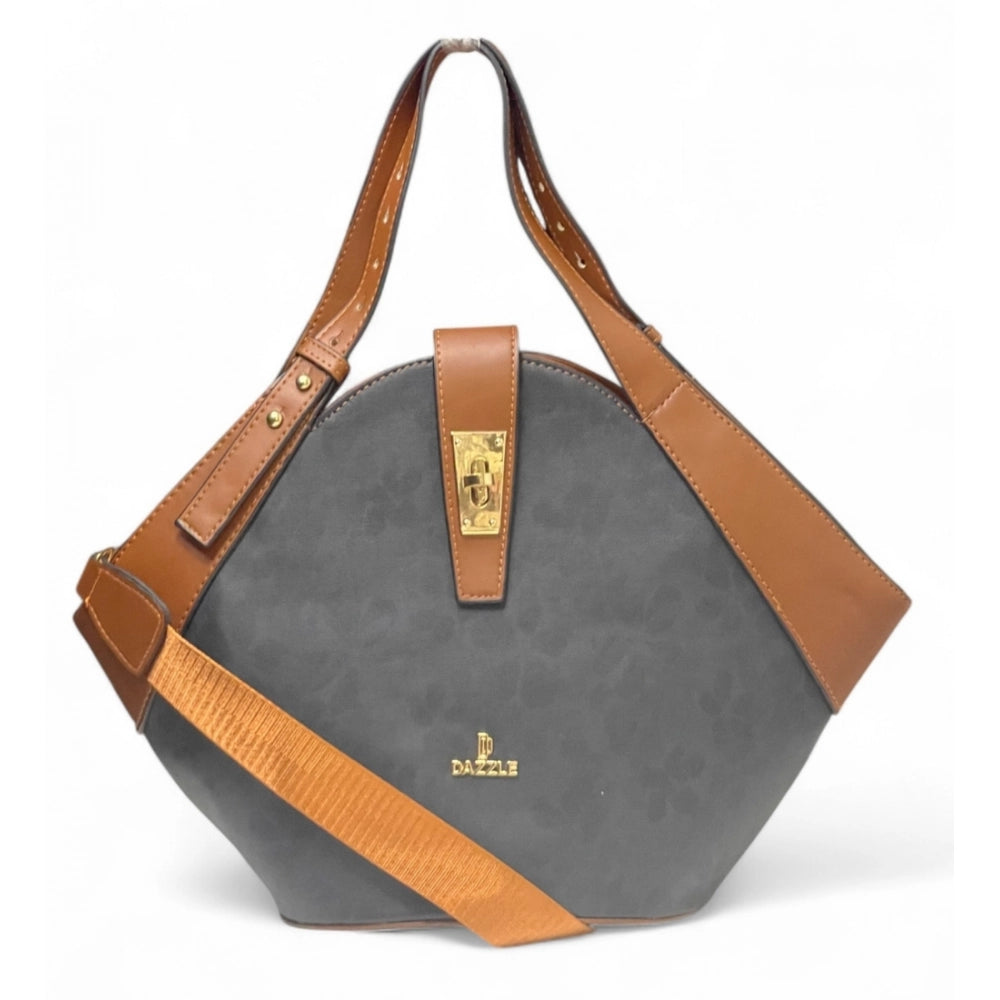 Women's Polyurethane Floral Printed Hexagonal Satchel Handbag with Adjustable Strap (Charcoal Grey)