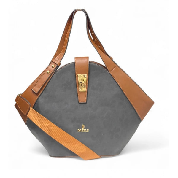 Women's Polyurethane Floral Printed Hexagonal Satchel Handbag with Adjustable Strap (Charcoal Grey)