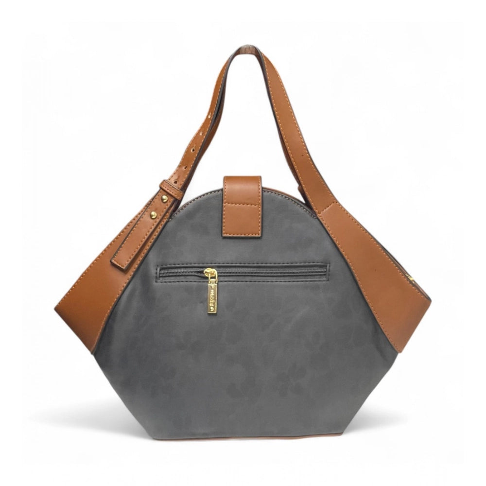 Women's Polyurethane Floral Printed Hexagonal Satchel Handbag with Adjustable Strap (Charcoal Grey)
