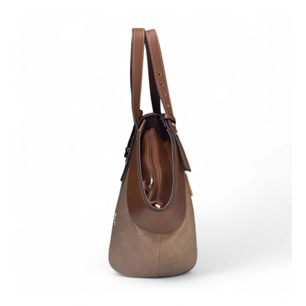 Women's Polyurethane Floral Printed Hexagonal Satchel Handbag with Adjustable Strap (Brown)