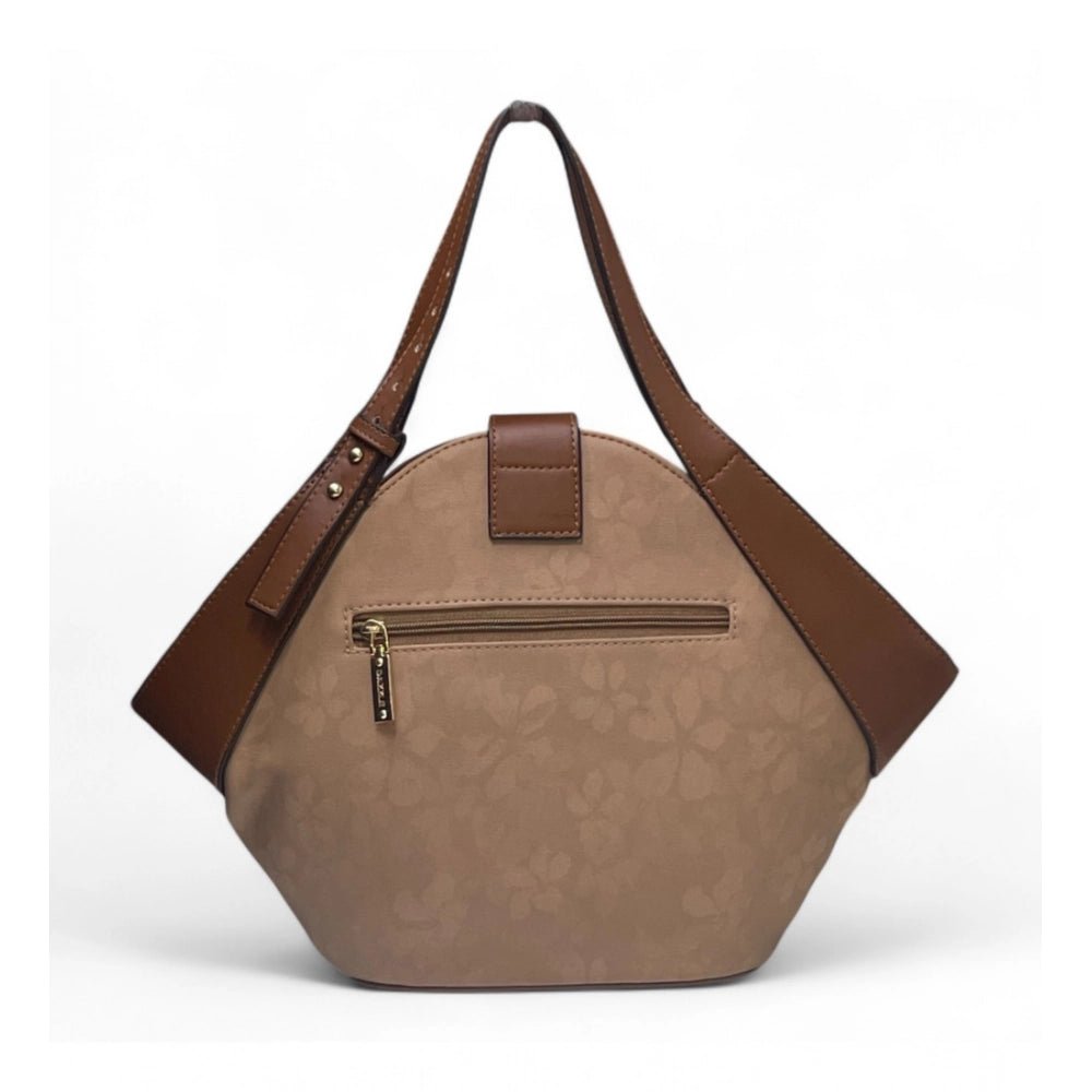 Women's Polyurethane Floral Printed Hexagonal Satchel Handbag with Adjustable Strap (Brown)