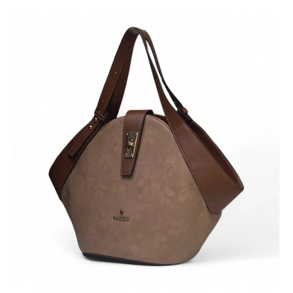 Women's Polyurethane Floral Printed Hexagonal Satchel Handbag with Adjustable Strap (Brown)
