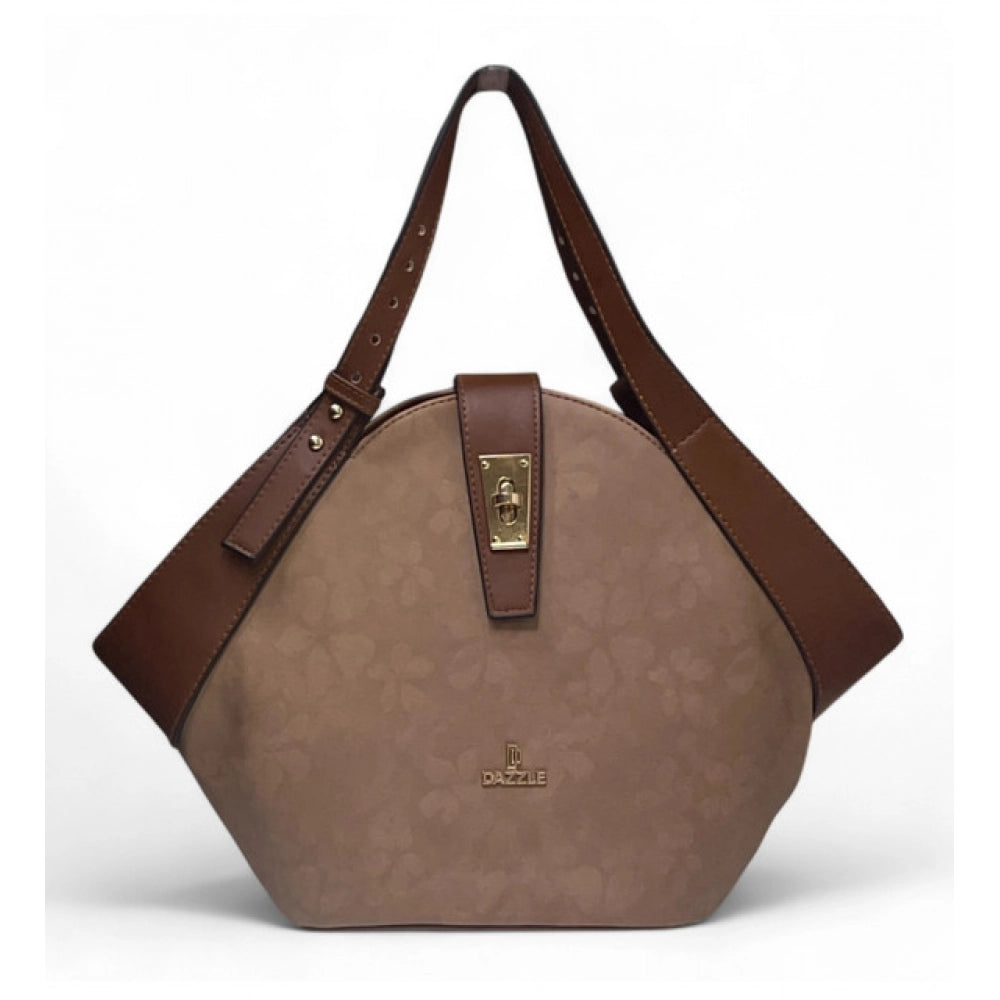 Women's Polyurethane Floral Printed Hexagonal Satchel Handbag with Adjustable Strap (Brown)