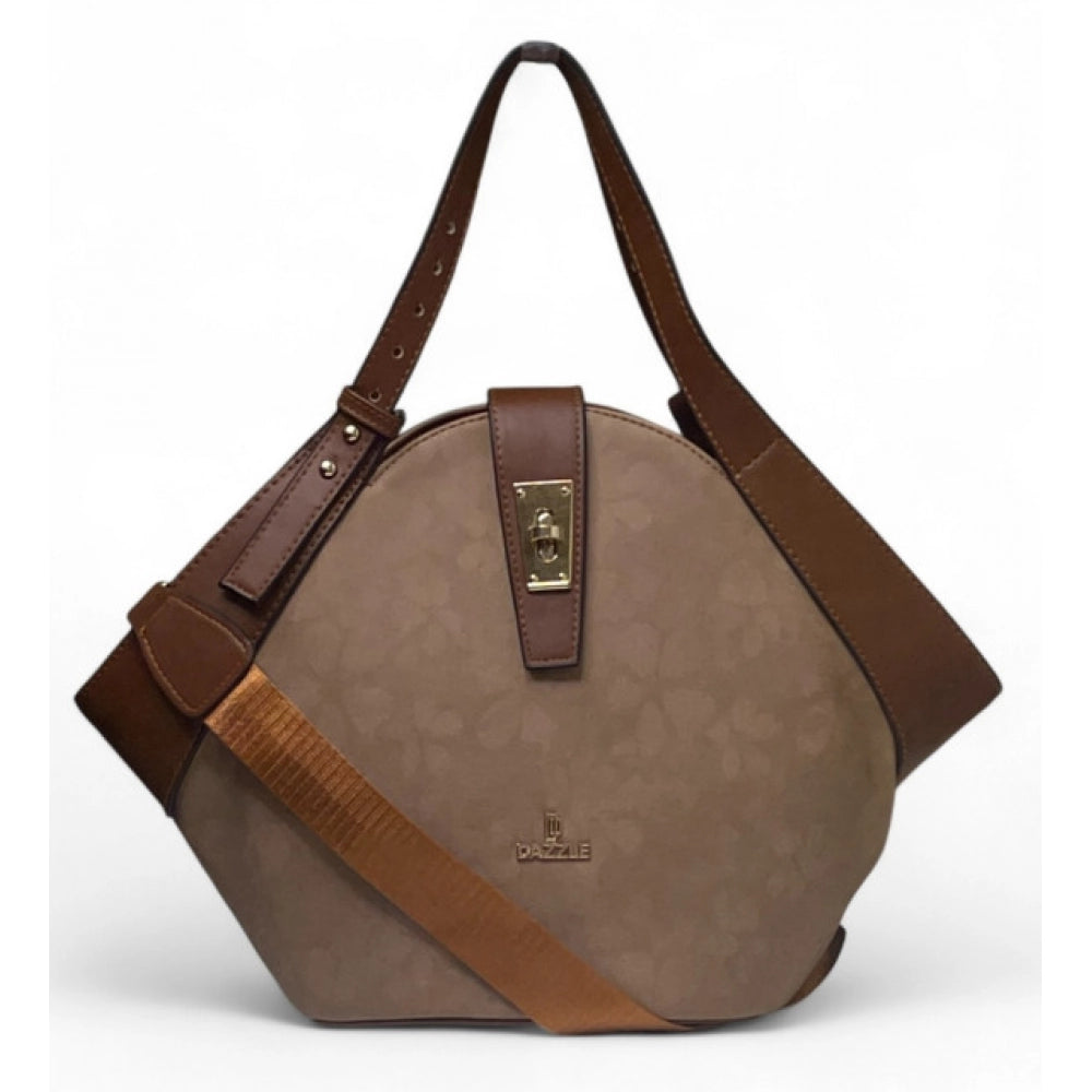 Women's Polyurethane Floral Printed Hexagonal Satchel Handbag with Adjustable Strap (Brown)