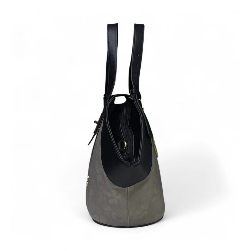 Women's Polyurethane Floral Printed Hexagonal Satchel Handbag with Adjustable Strap (Grey)
