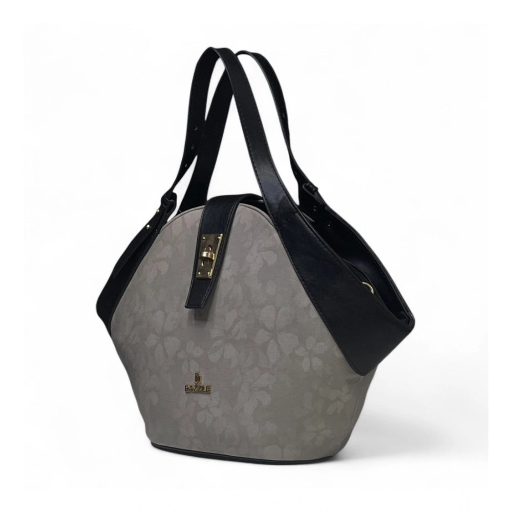 Women's Polyurethane Floral Printed Hexagonal Satchel Handbag with Adjustable Strap (Grey)