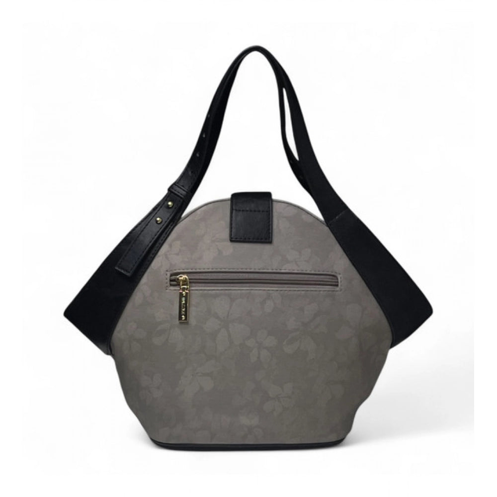 Women's Polyurethane Floral Printed Hexagonal Satchel Handbag with Adjustable Strap (Grey)
