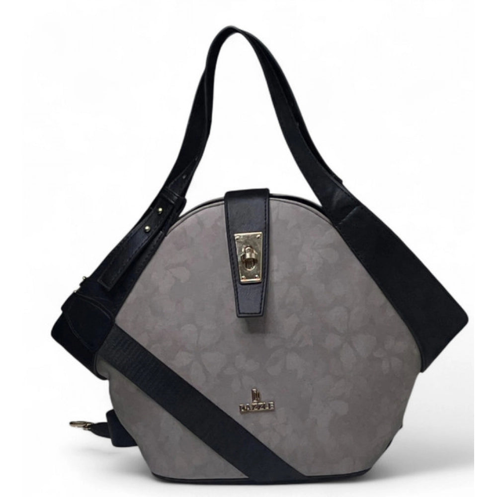 Women's Polyurethane Floral Printed Hexagonal Satchel Handbag with Adjustable Strap (Grey)