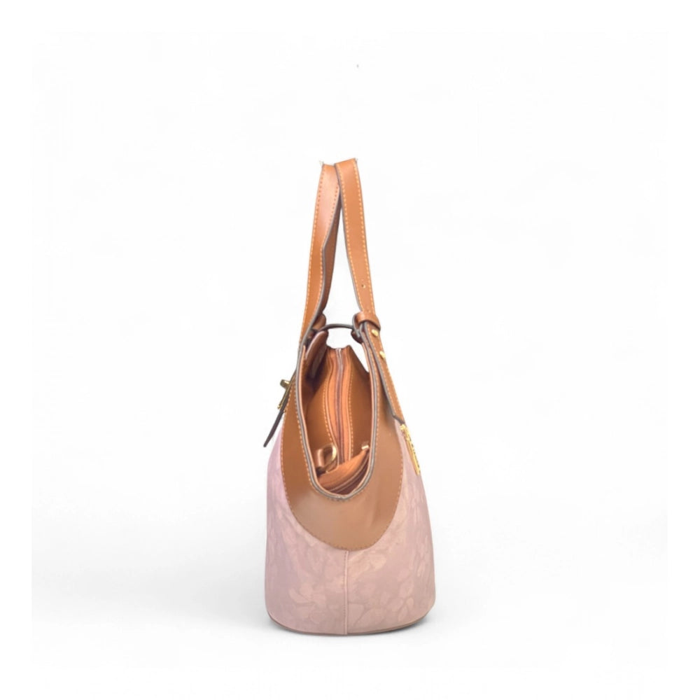 Women's Polyurethane Floral Printed Hexagonal Satchel Handbag with Adjustable Strap (Pink)