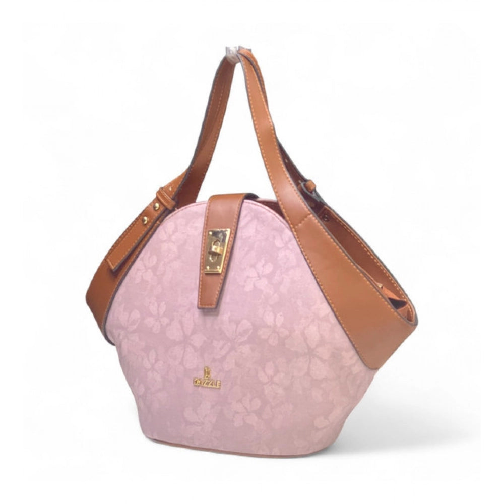 Women's Polyurethane Floral Printed Hexagonal Satchel Handbag with Adjustable Strap (Pink)